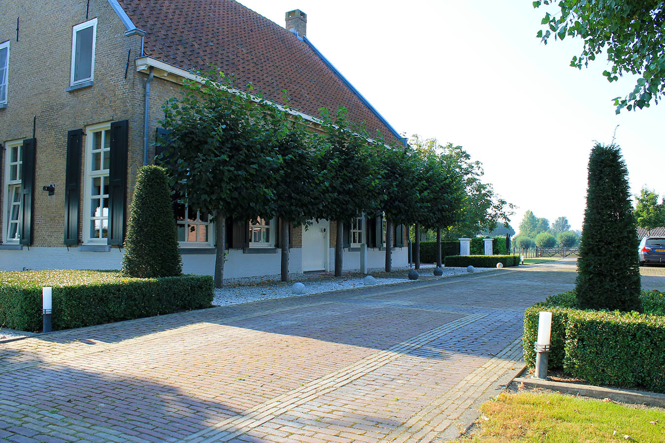 landelijke tuin_zevenbergen_groot gazon_hagen_ruimtelijk_tuinontwerp_tuinaanleg_geleijns hoveniers_boerenschuur_gebakken klinkers_parkeren_leibomen_gebakken klinkers_vormsnoei